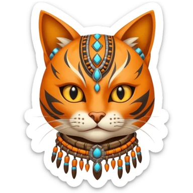 cat, wear tribal shaman cloth, half face cyberborg sticker