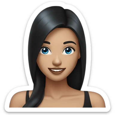 young woman with blue eyes, dark long straight hair, big nude lips, big smile, black dress sticker