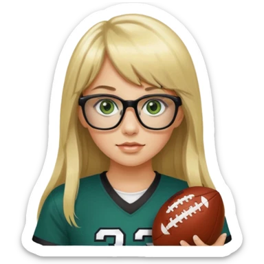 long blonde hair with bangs black rectangle glasses female green eyes football player wearing eagles jersey number 33 holding football sticker