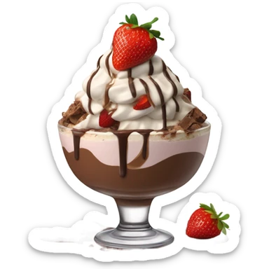 strawberry and chocolate sundae with chocolate chips, caramel drizzle, whipped cream, and a cherry sticker