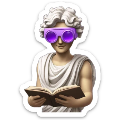 an EMOJI OF A ancient young greek statue reading a book, wearing VR glasses, purple colors, DIGITAL UNIVERSE sticker