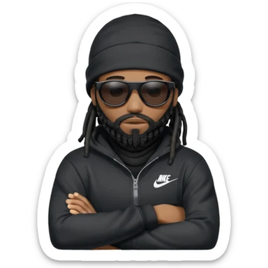 African American man with shoulder length black dreadlocks with black beard wearing black sunglasses wearing a black ski mask covering face wearing a Nike hoodie with his arms folded across chest sticker