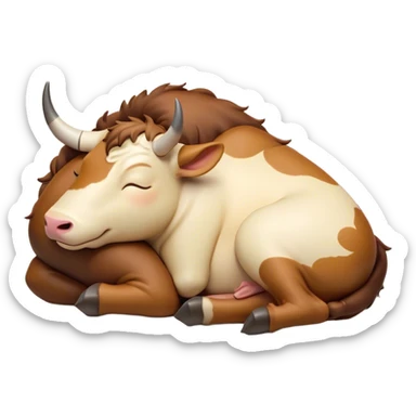 Meme-Worthy Cute Sleeping Domestic Ox Portrait Emoji, Head resting peacefully with a contented smile, showcasing a massive, sturdy build and a luxuriously soft hide, eyes gently closed in serene, restful slumber, Simplified yet hilariously adorable features, highly detailed, glowing with a soft, drowsy natural light, high shine, relaxed and utterly lovable, stylized with an air of playful laziness, soft glowing outline, capturing the essence of a sleeping ox that feels destined to become the next viral sensation of adorable rest! sticker