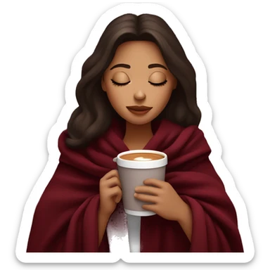 Brunette girl inside a burgundy blanket sipping coffee eyes closed sticker