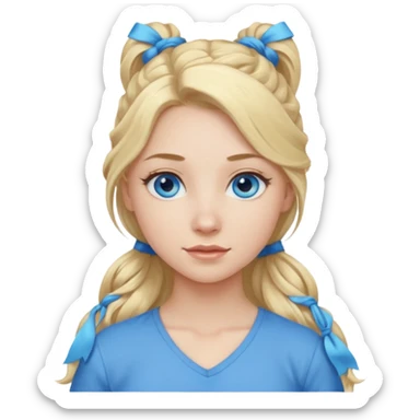 A pale girl with blue eyes and long and blonde , wavy hair in a pony tail sticker