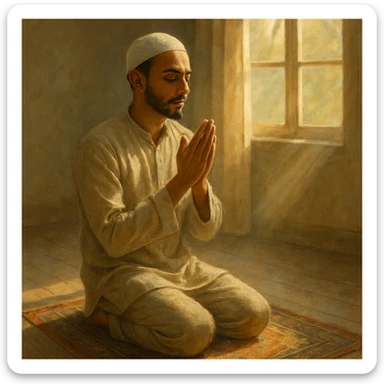a peaceful person kneeling on a prayer rug, hands together in prayer, gentle sunlight streaming through a window sticker