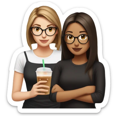 White girl with librarian glasses, a black shirt, long straight brown hair in a low ponytail drinking an iced coffee from dunkin sticker