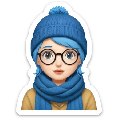 A shy blue straight hair woman with big round glasses and thick scarf and a beanie, blushing from the cold. sticker