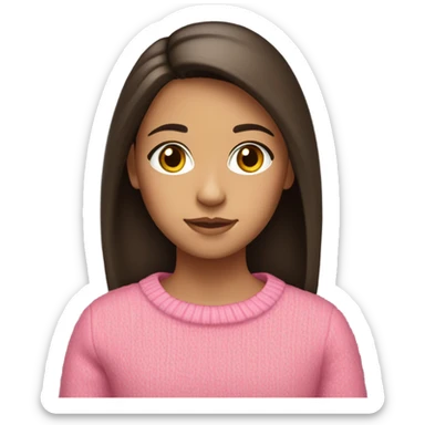 12 year old girl with dark brown hair and eyes, straight and medium length hair who is tan with a pink sweater sticker