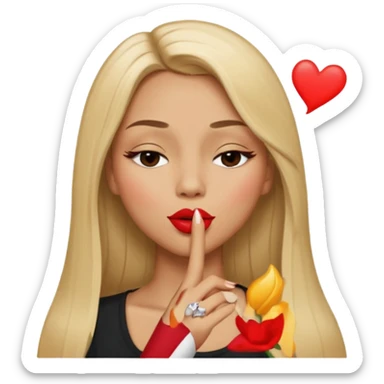 Mujer color de piel moreno claro, con cabello rubio largo, lacio y suelto, ojos negros, un ojo cerrado, mandando un beso de lado  sticker