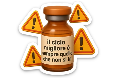 SU QUESTO STILE FAI UN EMOJI STILE IPHONE 3D DI UNa boccetta di fiala medica attorno alla quale fluttuano segnali di pericolo, sull'etichetta della boccetta c'è scritto "il ciclo migliore è sempre quello che non si fa", FALLO MOLTO REALISTICO IN 3D sticker