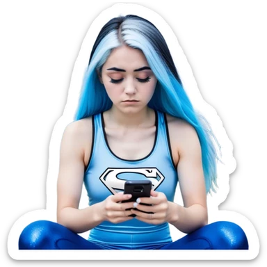 Shameful disappointed crying-very very very very big chest-texting on a samsung cell phone-very long straight flowing black to sky blue hair ombre-blue eyes-black eyeliner-long eyelashes-plastic sparkling sky blue very low cut tank top with sparkling superman logo-black leggings-nike sneakers sticker