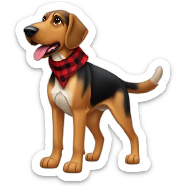 adult 75% Coonhound 25% German Shepherd mix dog with visible tail wearing small pointed red buffalo plaid bandana full body walking left quickly sticker