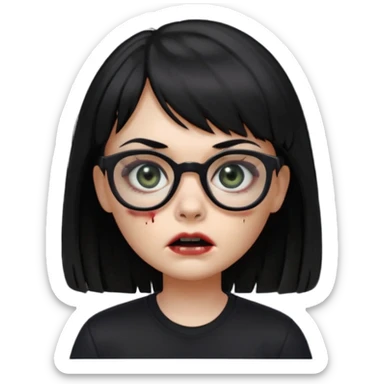 A zombie girl in Apple Memoji format with straight black hair with bangs, wearing a black shirt and black glasses sticker