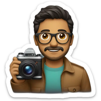 Young Latino film director, small beard and glasses is holding a super 8mm film camera sticker