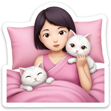 Short hair Asian girl in pink cloth wake up with white cat  sticker
