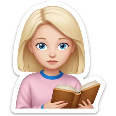 Pretty blue eyed white girl with light pink sweater reading cozy sticker