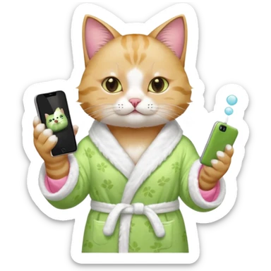 I want a CAT whit a iced macha on her paw and i want her to ne wearing a pink bath rope And she will have a face mask on her face and phone on the opisite paw whit the macha sticker