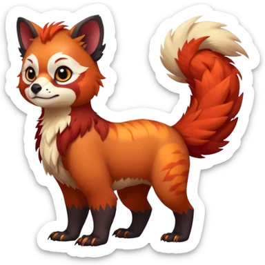 A beaked beaky 4-legged, feral, digitigrade, lanky, elegant, Gryphon-Griffin-Griff-Avian-hybrid, with Red-Panda-colors and markings, full body, cute, realism, with a long thin tufted tail, hyper-realistic  sticker