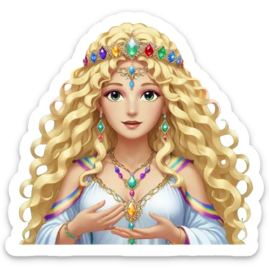 a being made of light pleidian nordic long faces and curly huge thick blond hair but beautiful features of light wearing jewels and a rainbow halo like a saint arount her a robe on made of light and gem  transparent belly dancer and who is lanky holding a bouquet of crystal flowers on rainbow fire sticker
