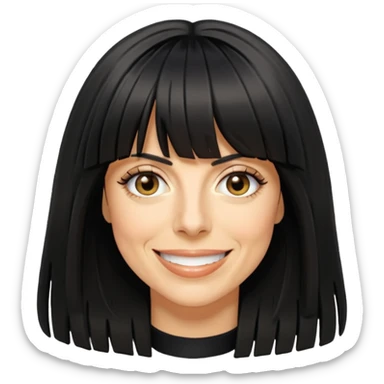 Claudia Winkleman with a very thick long fringe sticker