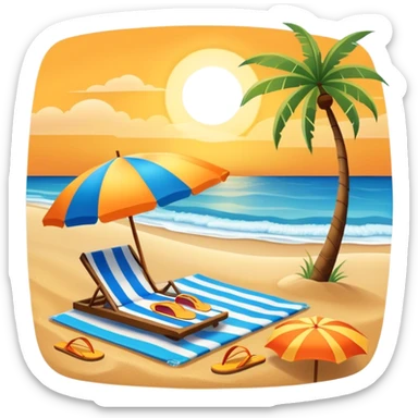Icon for Beach Tourism: with the blue ocean, orange sunset, yellow sand beach and palm trees in the background, a sun umbrella, flip-flops, and a beach towel on the sand. The icon should represent relaxation and fun at the beach. Transparent background sticker