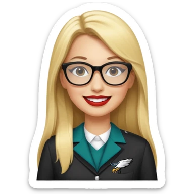 long blonde straight hair, black rectangle glasses, smiling, lipstick, full length eagles uniform, 33 sticker