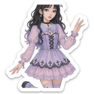 gothic K-pop girl, dreamy pastel goth style, soft colors with gothic details, whimsical pose, cute accessories sticker