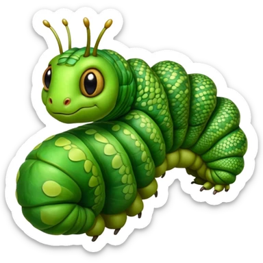 Cinematic Realistic Noble Caterpillar Portrait Emoji, Poised and serene, with a slender, segmented body covered in vivid, detailed green scales accented by subtle natural patterns, and a tiny, focused face with delicate, inquisitive eyes, rendered with lifelike texture and soft natural lighting, high shine, intelligent and delicate, styled with an air of woodland elegance, focused and attentive, soft glowing outline, capturing the essence of a watchful and confident looper caterpillar that appears ready to inch gracefully out of the screen with natural authority! sticker