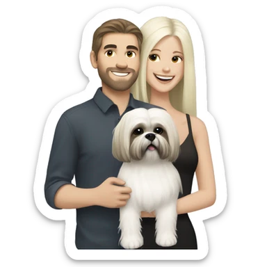 White blonde long-haired girl with white brunette boy carrying happy, black Shih Tzu sticker