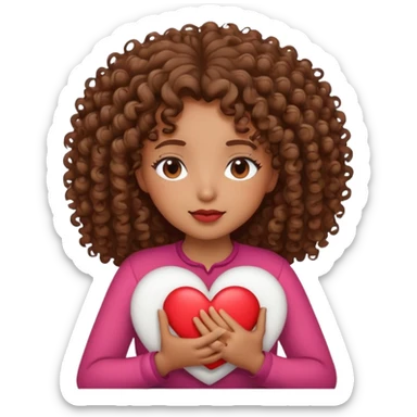 brown girl with curly hair holding a heart with eyes closed sticker