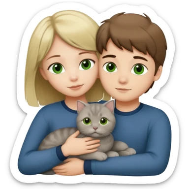 Blonde green eyed girl and brown Hair green eyed boy in love hugging a grey scottish fold cat sticker