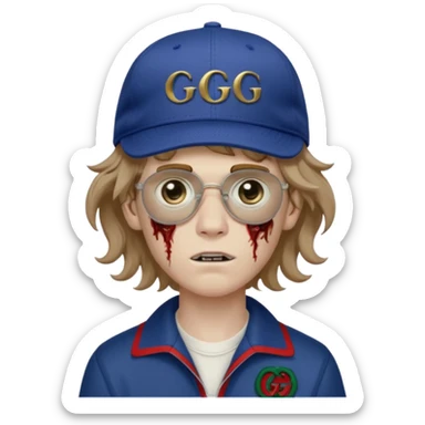 Faça um menino pálido, parecendo um Zumbi, faça esse menino com o cabelo ondulado e meio loiro, faça ele usando um boné escrito Gucci, com uma fonte pequena, e faça umas artes de Gg  sticker