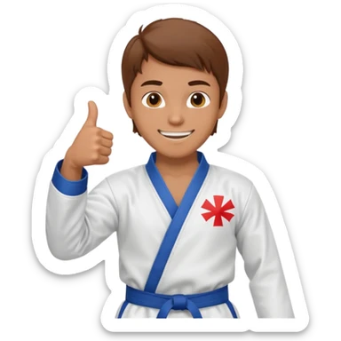 Crea un personaje masculino con el uniforme de taekwondo que tenga efecto dibujito y esté realizando este gesto con la mano👍🏼, debe estar sonriente sticker