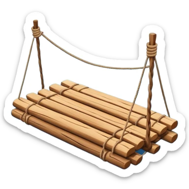 showing a simple wooden raft floating on calm blue water — made of several brown logs tied together with rope — gentle ripples around it — bright, cheerful lighting and soft shadows — minimalist, clean emoji design sticker