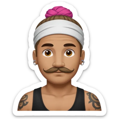 single bun hair man and mustache and face tattoos very heavy and headband sticker