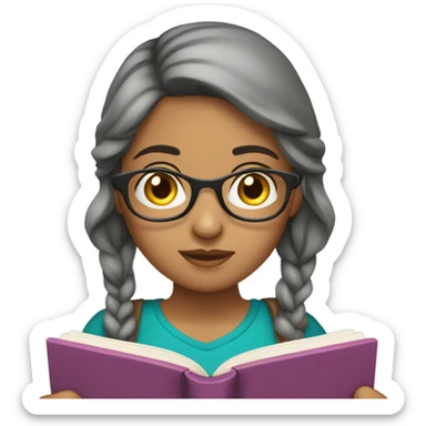 girl reading book, black eyes, Hispanic, grayish hair, wearing classes  sticker