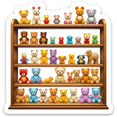 Icon for Toy Collecting: a collection of various vintage toys such as dolls, action figures and plush animals, displayed neatly on shelves or in display cases. The icon should evoke the joy and nostalgia of collecting toys. Transparent background. sticker