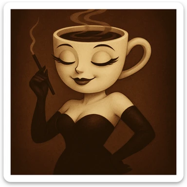 Edit the coffee cup woman character to have a dreamy expression with half-closed eyes and a soft smile. Keep the original style and character intact, only modify the eyes and mouth to reflect this expression. sticker