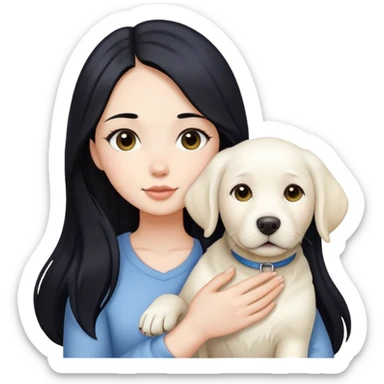 A beautiful girl with long black hair and fair skin is holding a white Labrador sticker