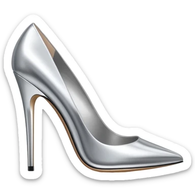 A pair of high heel shoes emoji made of polished silver chrome, elegant sharp silhouette, smooth metallic surface, glossy reflections, luxury sexy vibe, minimalistic iOS emoji style, centered, clean white background sticker