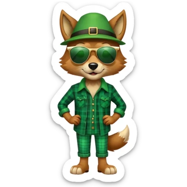 full-body friendly anthropomorphised wolf in green plaid shirt and green attire for St. Patrick's Day, wearing dark sunglasses, festive pose sticker