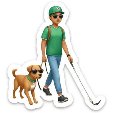 a dog on a leash with a person in a green park setting sticker