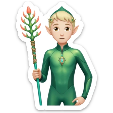 male elf in iridescent wetsuit, coral staff. Gills on neck sticker