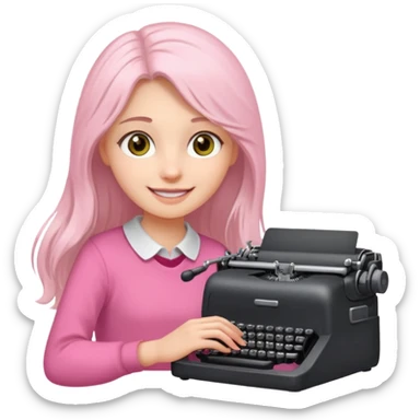smiling white long brunette hair girl with hazel eyes wearing pink typing on a typewriter sticker