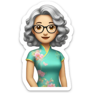Chinese lady with like Lai gray hair wavy hair to the shoulder length where Chinese dress colourful dress wear glasses sticker