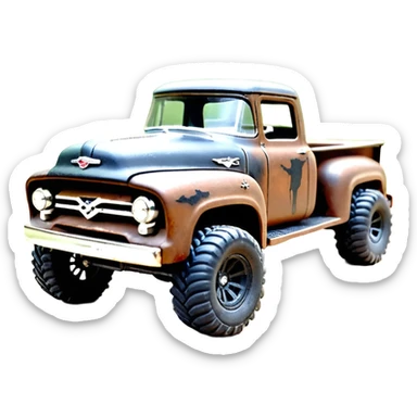 1:10 off-road lcg smoking rusting Arrma Traxxas Basher style Wednesday Adam’s 1954 blackened tarnished hotrod utility streamlined anime Ford zombie extended cab rc bulging pickup (extra wide low-profile pin tires chrome wheels with fenders) sticker