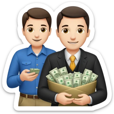 un chef d'entreprise en train de compter sa montagne de billet derrière lui une file de client qui entre dans son magasin pendant qu'à cote un autre chef d'entreprise poche vide pas de client  sticker