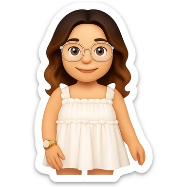 Transform this image into an iOS-style emoji with simplified features, soft gradients, rounded shapes, and a friendly expression. Keep the white ruffled dress, clear eyeglasses, gold wristwatch, and white nail polish. Remove the background for a clean emoji look. sticker
