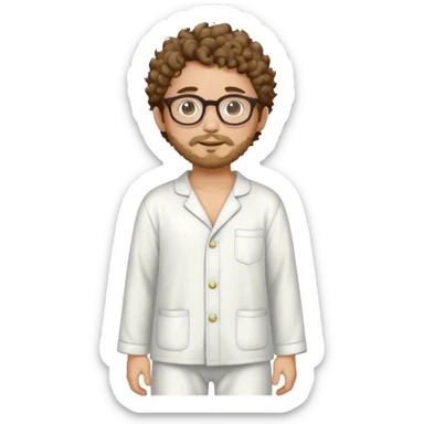 A young man with short curly brown hair, round glasses, light beard, and a comfortable full-body pajama. sticker